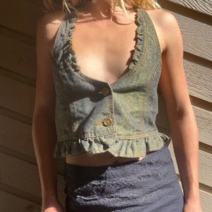 Authentic Y2K metallic gold denim halter top.